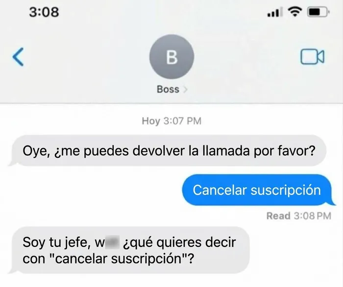 Captura de pantalla de mensajes con el jefe en un ejemplo de memes divertidos.