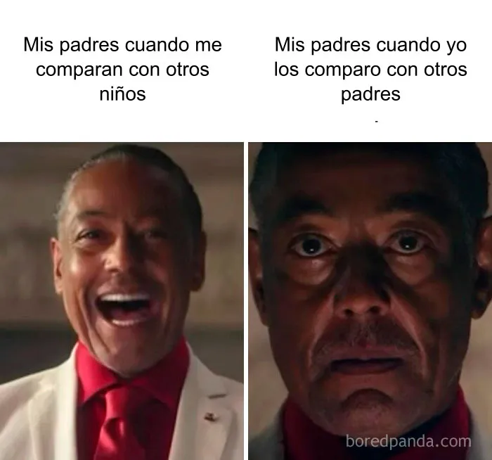 Meme divertido sobre hábitos cuestionables y reacciones exageradas al comparar padres e hijos.