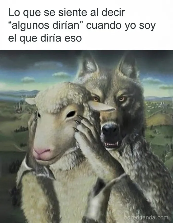 Ilustración de un lobo disfrazado de oveja, representando memes divertidos sobre hábitos cuestionables.