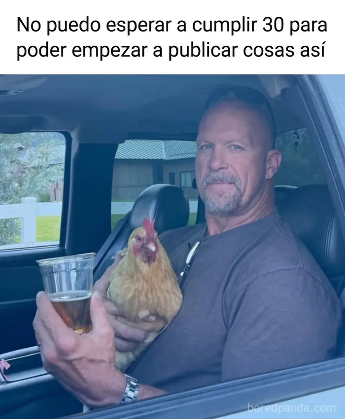 Un hombre maduro en un vehículo sosteniendo una gallina y una cerveza en memes divertidos