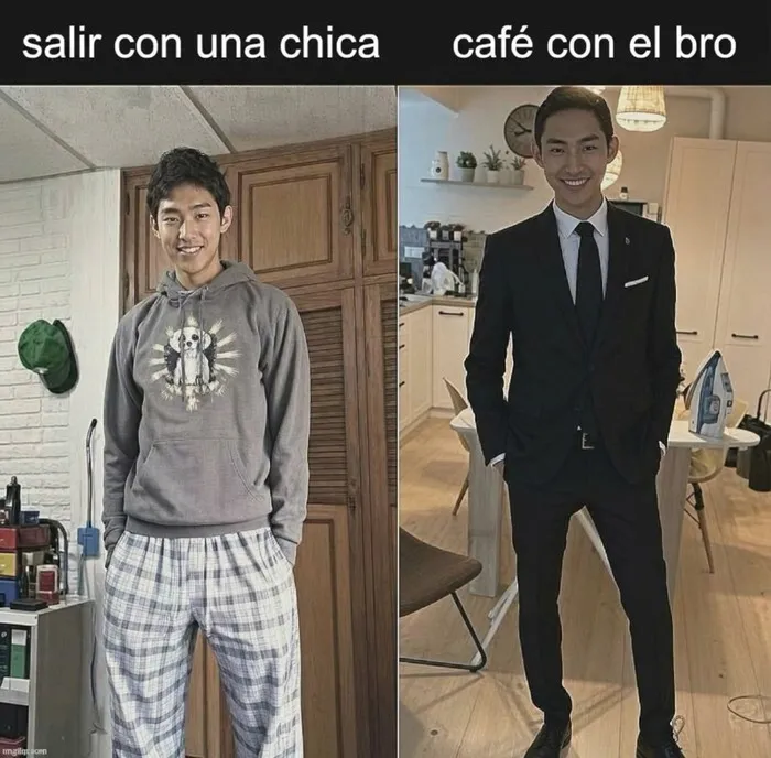 Memes divertidos comparando la ropa para salir con una chica y tomar café con un amigo
