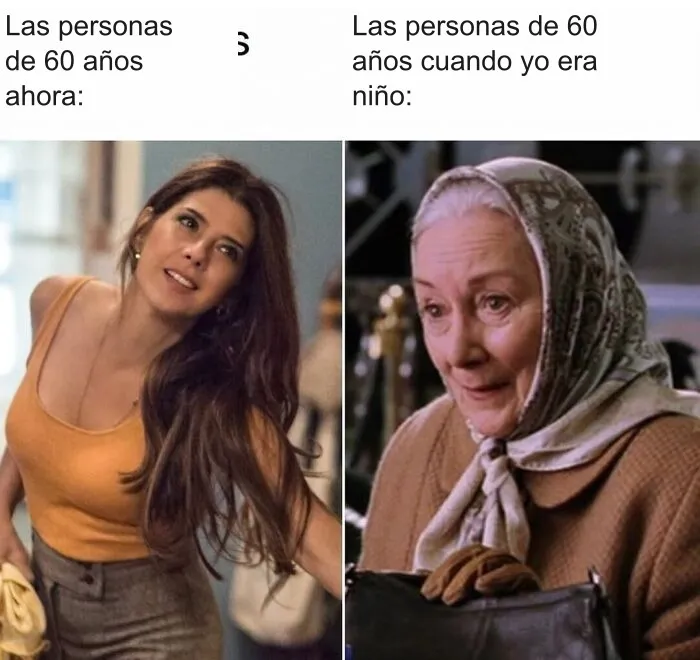Comparación de mujeres de 60 años en memes divertidos sobre la edad.