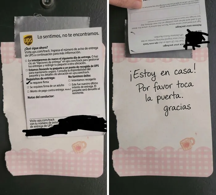 Aviso de entrega de UPS pegado sobre una nota escrita que dice estoy en casa.