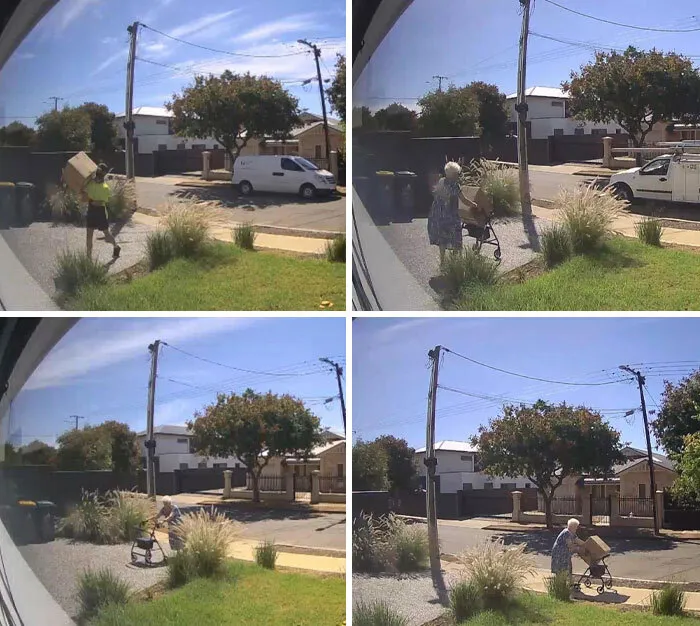 Secuencia de imágenes de una anciana ayudando a repartidores a mover una caja de entrega.