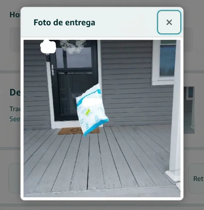 Foto de repartidores capturando un paquete tirado al aire frente a la puerta.