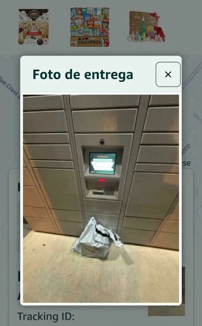 Captura de pantalla con foto de entrega donde repartidores dejaron un paquete frente al casillero inteligente