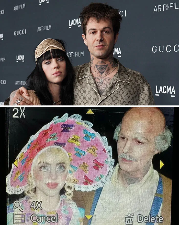 Billie Eilish y Jesse Rutherford vistiendo llamativos disfraces de Halloween de bebé y anciano.