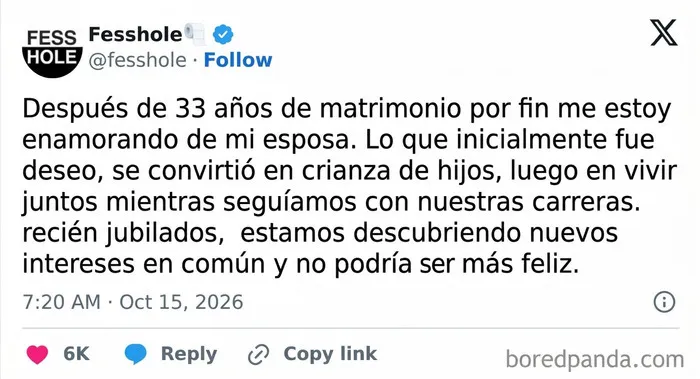 Texto en pantalla mostrando confesiones anónimas sobre el amor y el matrimonio después de muchos años