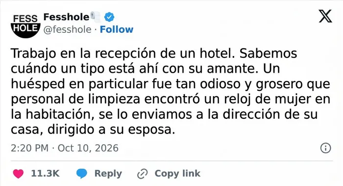 Captura de pantalla de confesiones anónimas en redes sociales sobre una venganza en un hotel