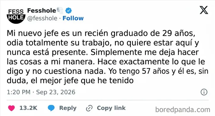 Captura de pantalla de la cuenta de X Fesshole con confesiones anónimas sobre un jefe joven y comprensivo.