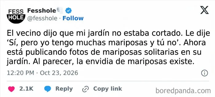 Mensaje de X de la cuenta Fesshole con confesiones anónimas acerca de la rivalidad de jardines y mariposas.