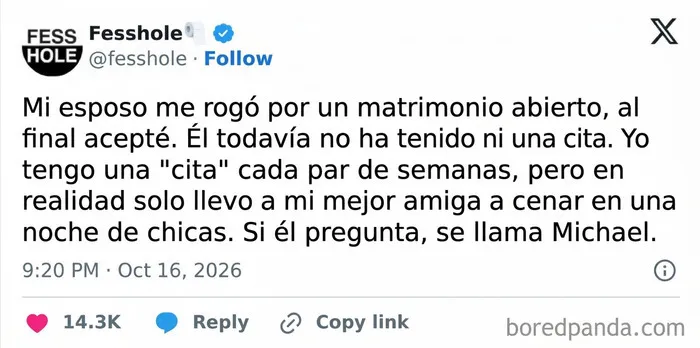 Publicación de X de Fesshole donde la gente comparte sus secretos sobre un matrimonio abierto y salidas secretas.
