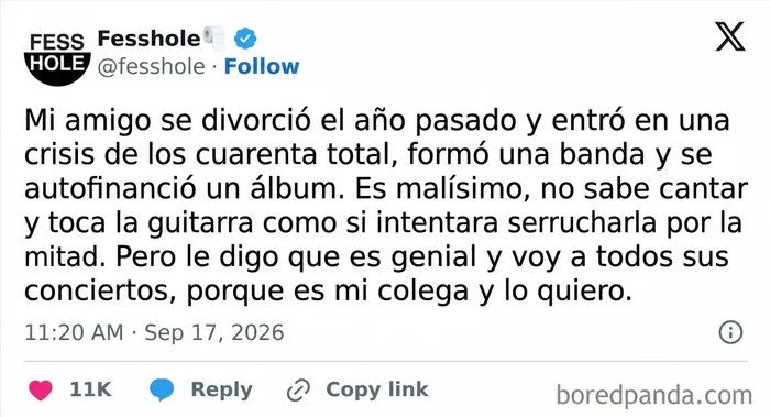 Publicación de X de la cuenta Fesshole compartiendo confesiones anónimas sobre apoyar la banda de un amigo.