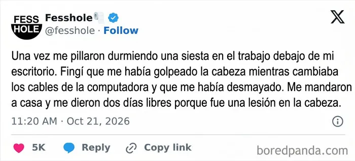 Captura de pantalla con confesiones anónimas sobre fingir un accidente en el trabajo