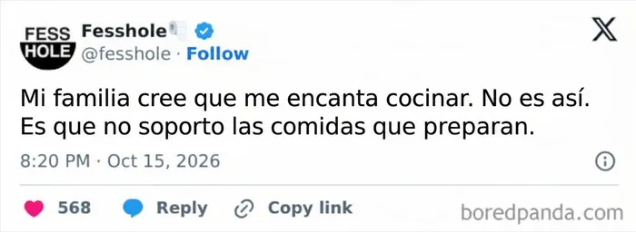 Captura de confesiones anónimas sobre la verdadera razón para cocinar en casa.