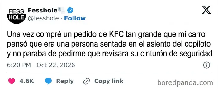 Publicación con una de las confesiones anónimas sobre un gran pedido de comida rápida que activó el sensor del coche