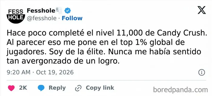 Publicación de confesiones anónimas sobre llegar al nivel 11000 en Candy Crush.
