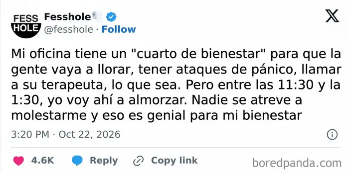 Tweet con confesiones anónimas sobre el uso personal de un cuarto de bienestar laboral.