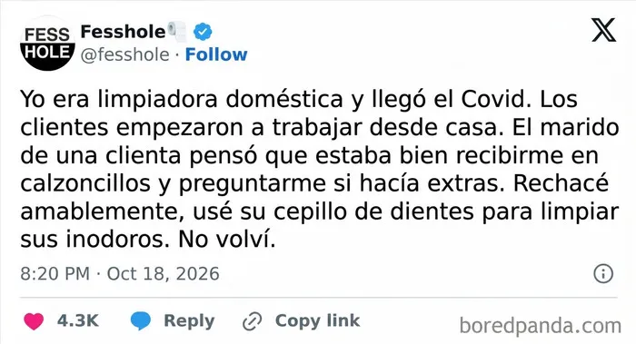 Mensaje de redes con confesiones anónimas sobre la venganza de una limpiadora doméstica.