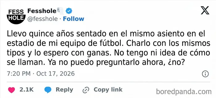 Publicación en redes sociales con confesiones anónimas sobre no saber el nombre de conocidos en el estadio.