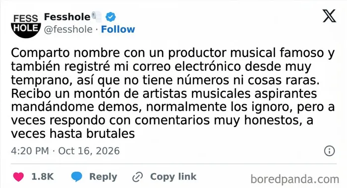 Publicación de redes sociales con confesiones anónimas sobre responder demos musicales de forma brutal.