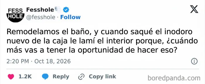 Imagen de redes sociales con confesiones anónimas sobre lamer un inodoro nuevo antes de instalarlo.