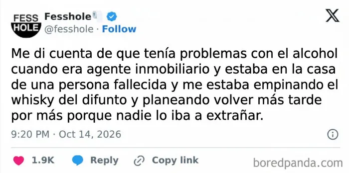 Texto publicado en línea con confesiones anónimas sobre problemas con el alcohol y un extrabajo.
