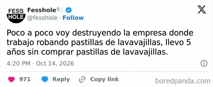 Captura de pantalla con confesiones anónimas sobre robar pastillas de lavavajillas en el trabajo.