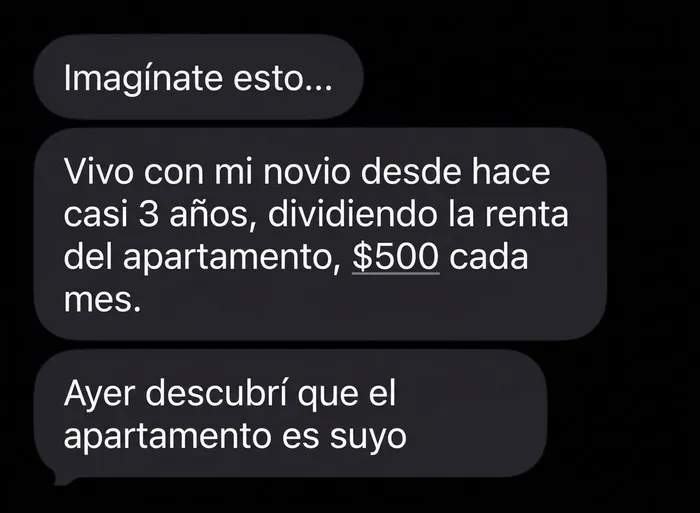 Captura de mensajes de texto graciosos sobre una mujer descubriendo que la renta era del novio.