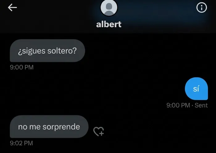Mensajes de texto divertidos de una breve y sarcástica interacción sobre estar soltero.