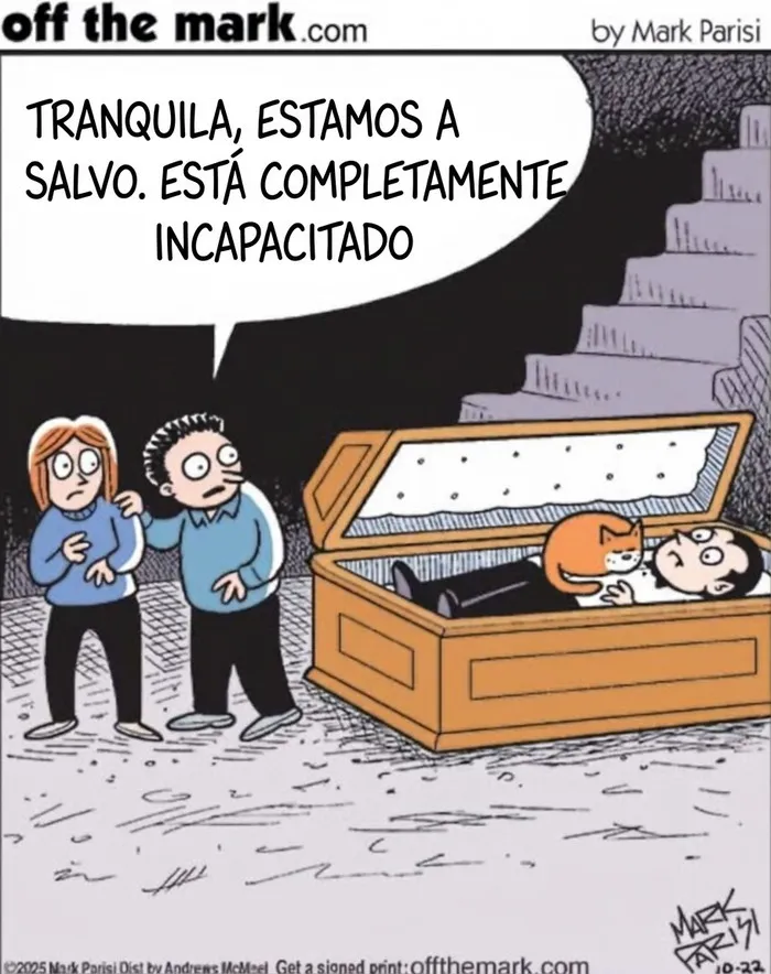Un vampiro en su ataúd con un gato encima en uno de los cómics de Mark Parisi.