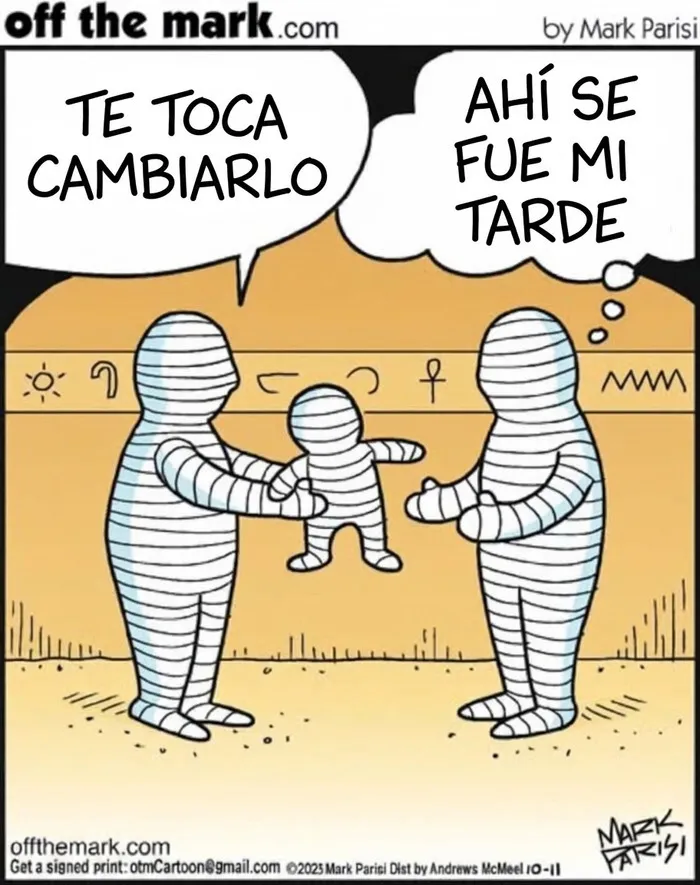 Momias cambiando a un bebé en una viñeta de cómics de Mark Parisi