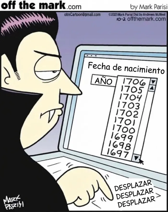 Cómic de Mark Parisi sobre un vampiro seleccionando su año de nacimiento en una computadora.