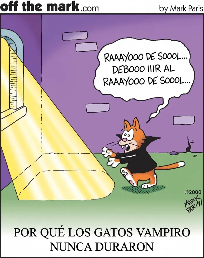 Gato vampiro caminando hacia la luz del sol en cómics de Mark Parisi