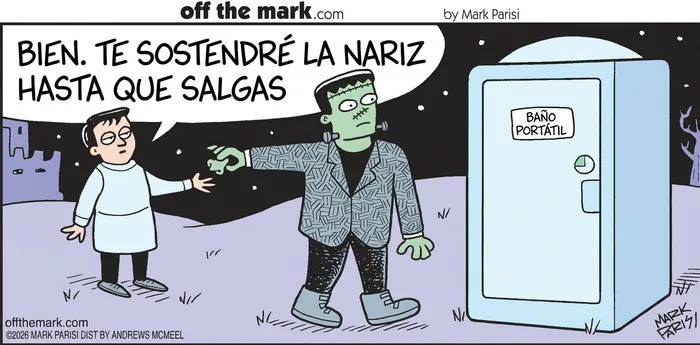 Frankenstein y un hombre frente a un baño en cómics de Mark Parisi