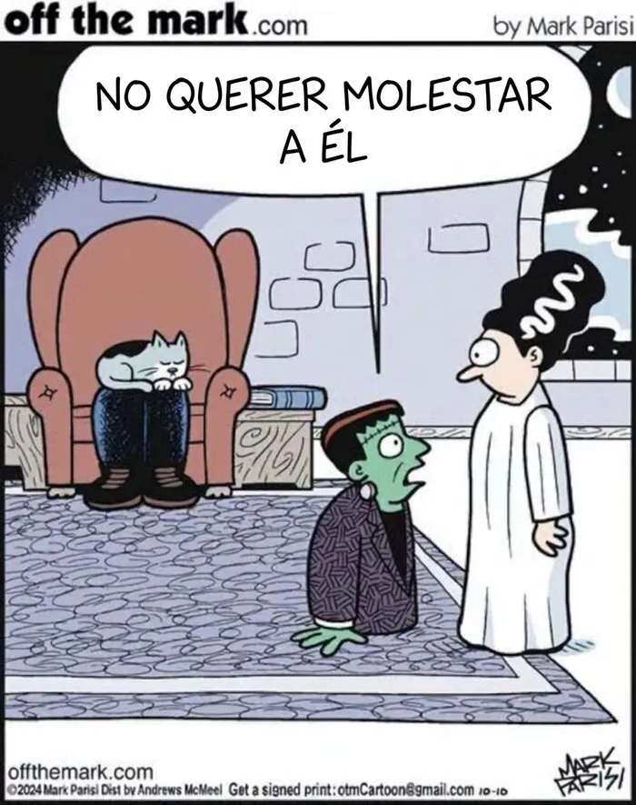 Cómic de Mark Parisi con el monstruo de Frankenstein y su esposa cuidando a un gato.