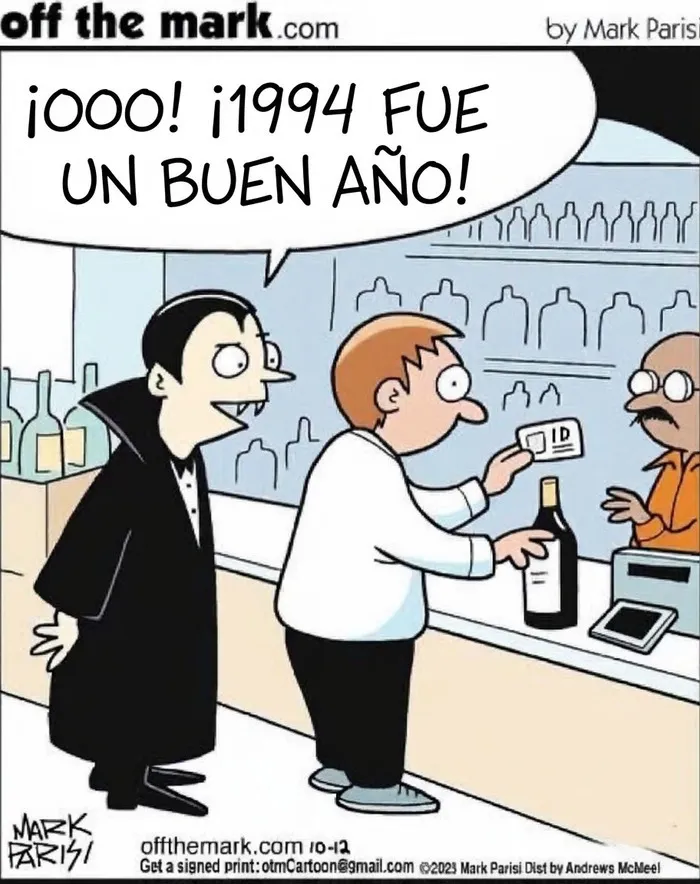 Vampiro mirando una identificación en una tienda de licores en un cómic de Mark Parisi.