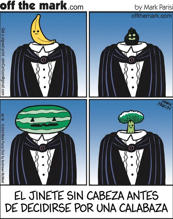 Cómic de Mark Parisi del Jinete sin cabeza probando frutas y verduras como cabeza.