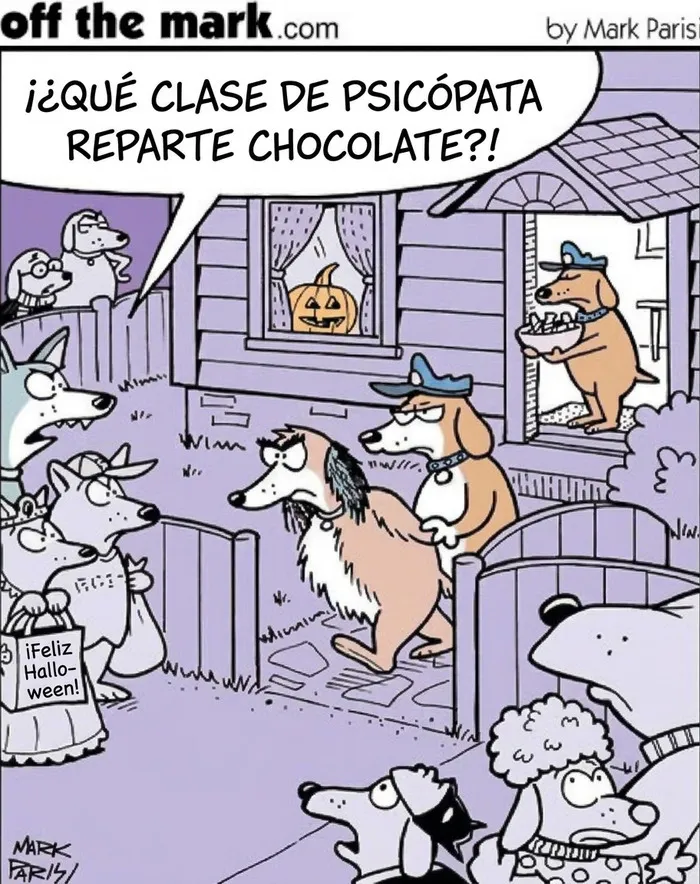 Viñeta humorística sobre perros en Halloween del caricaturista Mark Parisi.