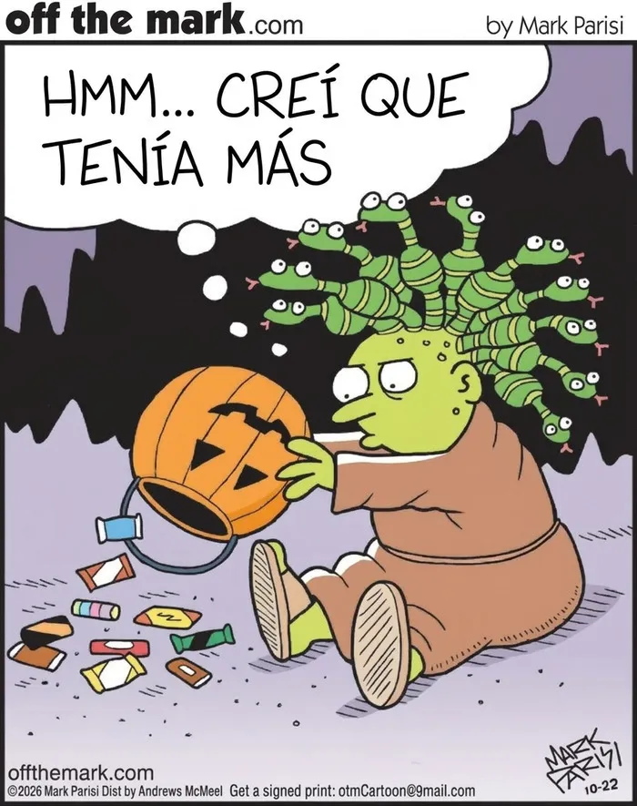 Cómic de Mark Parisi muestra a Medusa vaciando su calabaza de golosinas de Halloween.