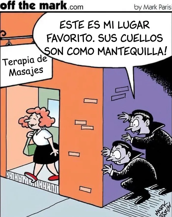 Dos vampiros acechan afuera de un local en divertidos cómics de Mark Parisi