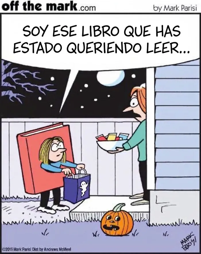 Niña disfrazada de libro pidiendo dulces en un cómic divertido de Mark Parisi