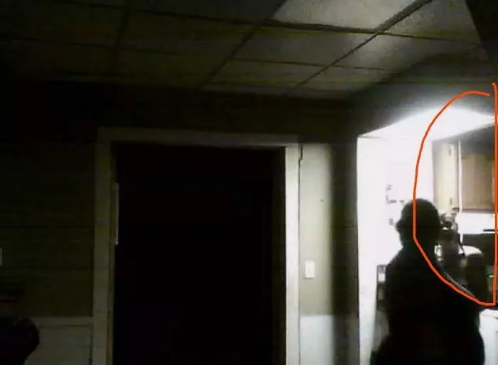 Silueta extraña en una cocina oscura, parte de imágenes aterradoras que inquietan.