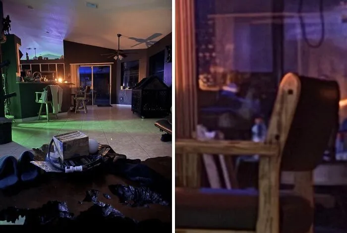 Reflejo de una persona en la ventana de una sala entre eventos aterradores.