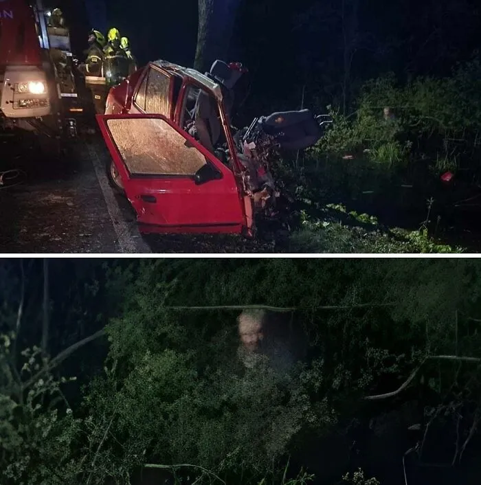 Accidente automovilístico nocturno con presencia inquietante entre imágenes aterradoras.