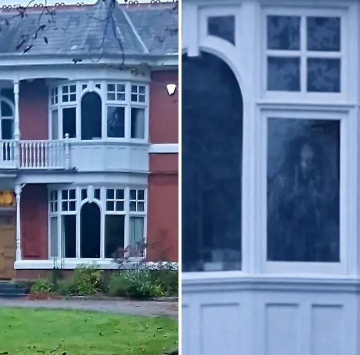 Fachada de casa antigua con una silueta misteriosa en la ventana entre imágenes y eventos aterradores.