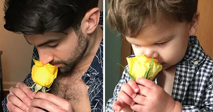 Esta madre sigue burlándose de su hermano modelo haciendo que su bebé recree sus poses con un resultado tan divertido como adorable