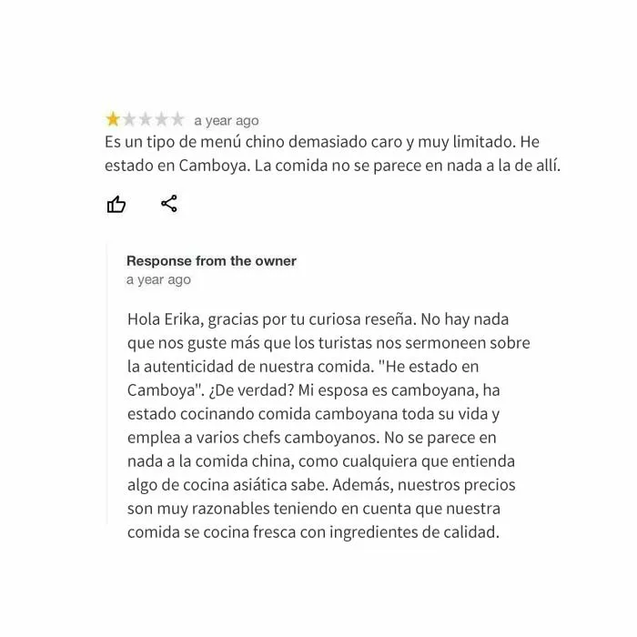 20 Restaurantes que dejaron divertidas respuestas bajo las malas críticas, compartidas en este instagram