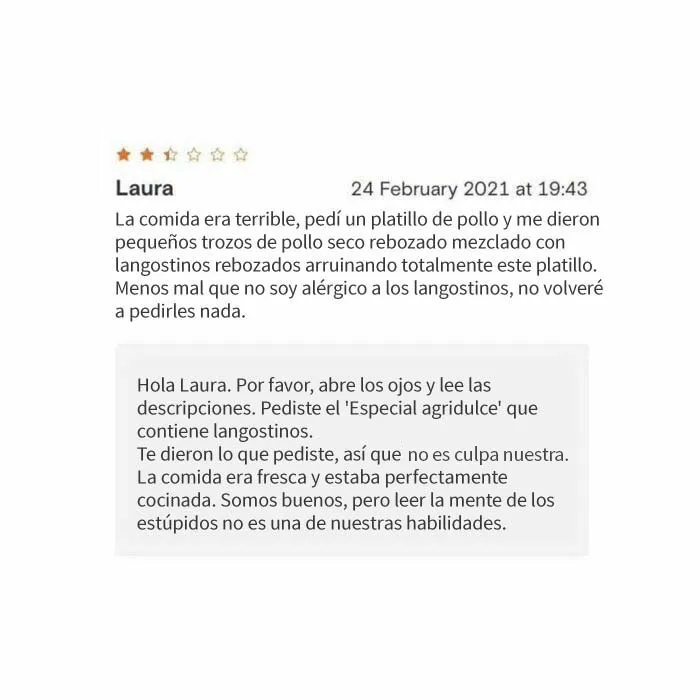 20 Restaurantes que dejaron divertidas respuestas bajo las malas críticas, compartidas en este instagram