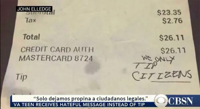 Una camarera latina recibió este mensaje racista en lugar de la propina